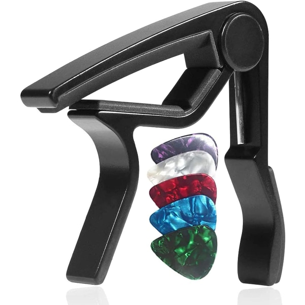 Guitar Capo med 5 Picks (Sort) - 75*80mm, Alloy Guitar Capo til 6