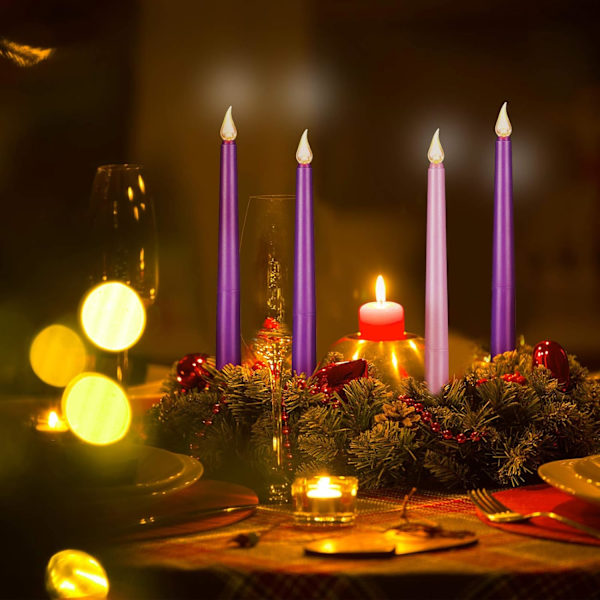 4 kappaleen LED-liekitön adventtikynttiläsarja, violetti ja vaaleanpunainen adventtikynttilä