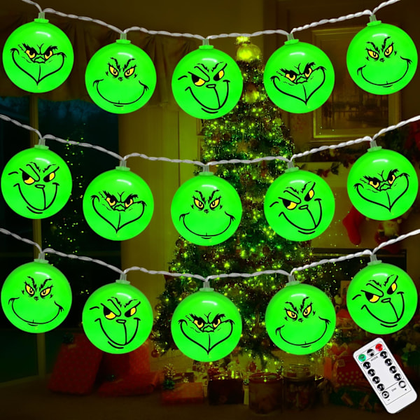 Grinch Julepynt, 40 LED 19,6 fot Batteridrevet Julelys med Timer, 8 Moduser Grinch Julelys