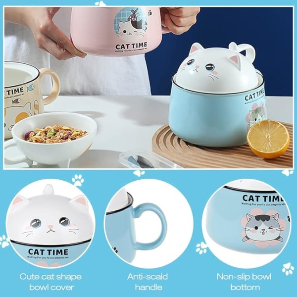 Ramen Bowl with Lid, Cereal Cute Cat Salad Bowls and Handles,