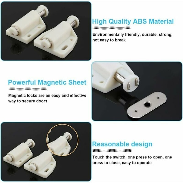 6 stk magnetisk snaplås i plast, magnetisk lås med myk lukking, magnetisk lås for dør, skap, skuff, skap, skyvedør, soverom, kjøkken, bad - hvit