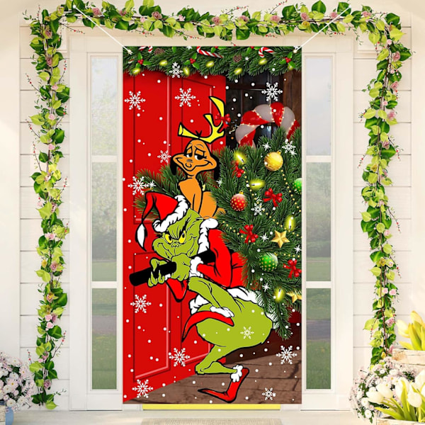 Grinch Julepynt Grinch Dør Dækning Glædelig Grinchmas Dør Dækning 6 X 3ft Sort Buffalo Grid Flag Fotografi