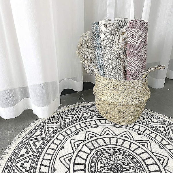 Pyöreät matot, pyöreät alueen matot, raidallinen, liukumaton, käsin kudottu, helppohoitoinen puuvillamatto boheemi mandala-kuviolla 90cm