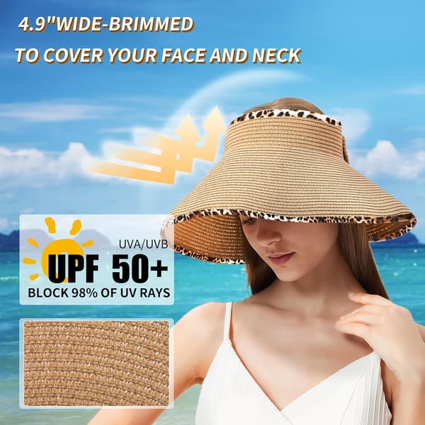 Foldbar solhat i strå til kvinder, solbeskyttelse bredskygget solhat, justerbar topless strandhat, khaki+sort