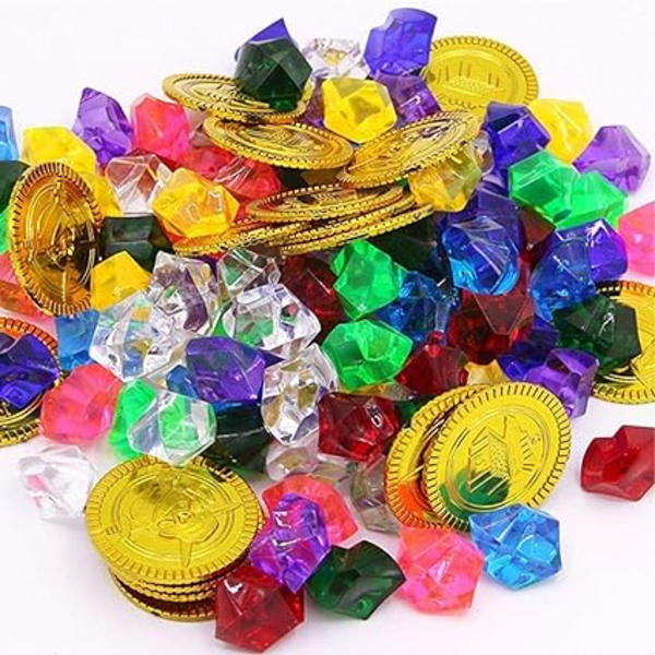 Plastmynter og Akryldiamanter, 50 Piratgullmynter og 100