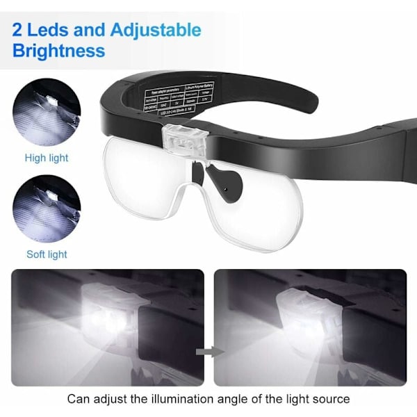 Suurennuslasit 2 LED-valolla, etumikroskooppipannoilla Hands Free -suurennuslasi ompeluun, lukemiseen, korjauksiin, koruihin, kelloihin ja käsitöihin, 4 irrotettavaa linssiä csparkv-eu