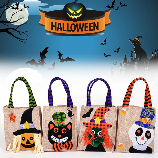 4 Halloween-bæreposer i lin, godteriposer for barn