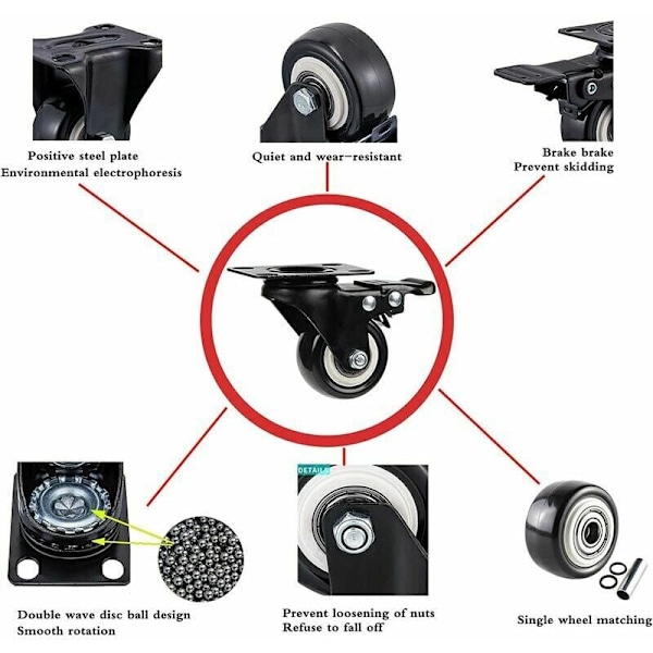 4 50 mm tysta svängbara hjul - Möbelhjul med broms - Hi