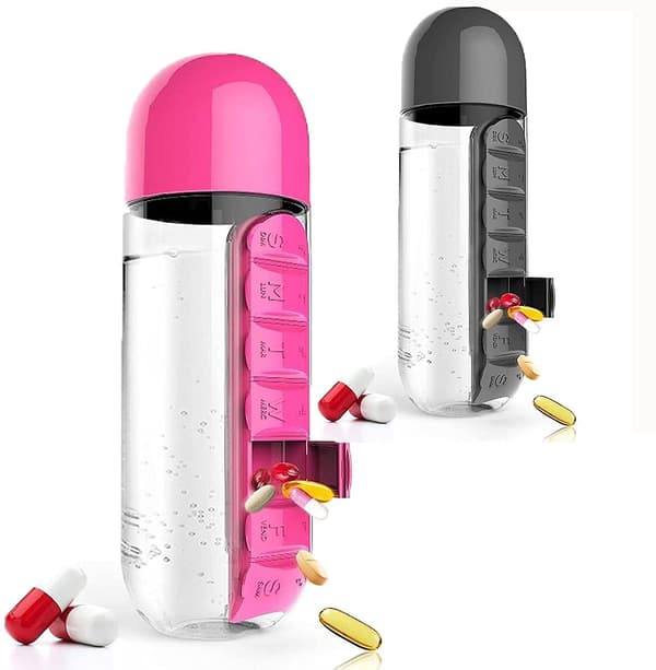 Kätevä 2-in-1 pillerirasia/pullo - 600ml (musta ja vaaleanpunainen)