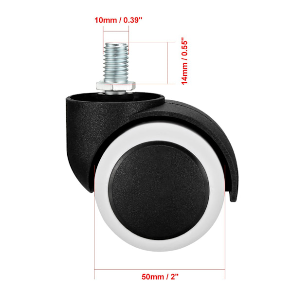 Kontorstolhjul 2 tommer PU Dobbelt Hjul M10x14mm Gjenget Stamme Svingbart Hjul Hvit, 5 stk