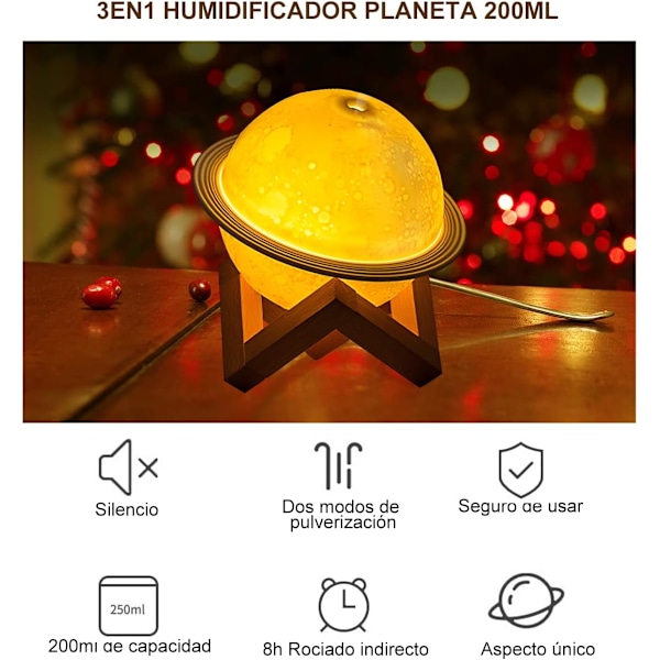 Planetformad Luftfuktare, Aromaterapi Luftfuktare, Eterisk Oljediffusor med 2 Dimmningslägen och 3 Ljuslägen