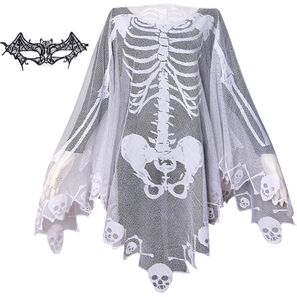 Skelet-blondeponcho med kranieben til Halloween, Día de Muertos kostume til kvinder