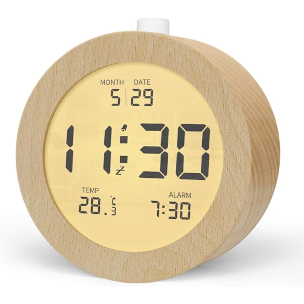 Träväckarklocka Sängbord med LCD-bakgrundsbelysning, Temperaturvisning, Snooze-funktion, 3 AAA Batteridriven Klocka för