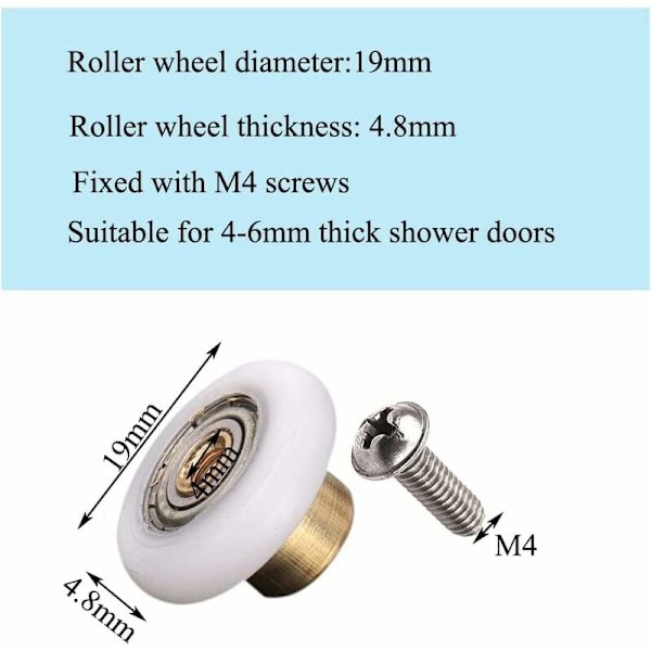 4-pack ersättningsrullar för duschdörrar, 19 mm diameter