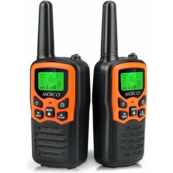 Langdistanse Walkie Talkies for voksne med 22 FRS-kanaler, familiewalkie talkies med LED-lommelykt LCD-skjerm VOX for fotturer camping (2-pakning oransje)