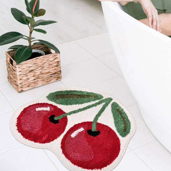 Cherry søt badematte for baderom, luksuriøse funky baderom matter sklisikre søte fruktformede absorberende badekar kule tepper baderom badekar plysj dusjmatter vaskbare