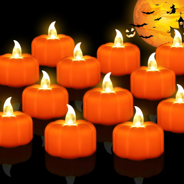 Halloween Græskar Te-lys Dekorationer Efterårs Dekoration, 24 Pak LED Orange Græskar Lys Flammeløse Lys Batteri Op