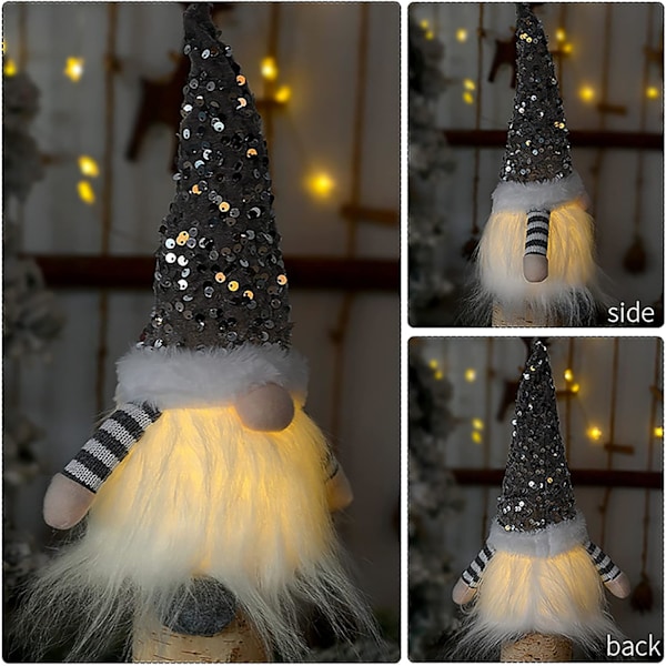 3 Jule-nisser med Sequins og Lys, 11,8 Tommer Håndlavede Svenske Julemandsnisse med Sequinhat, Juleelf