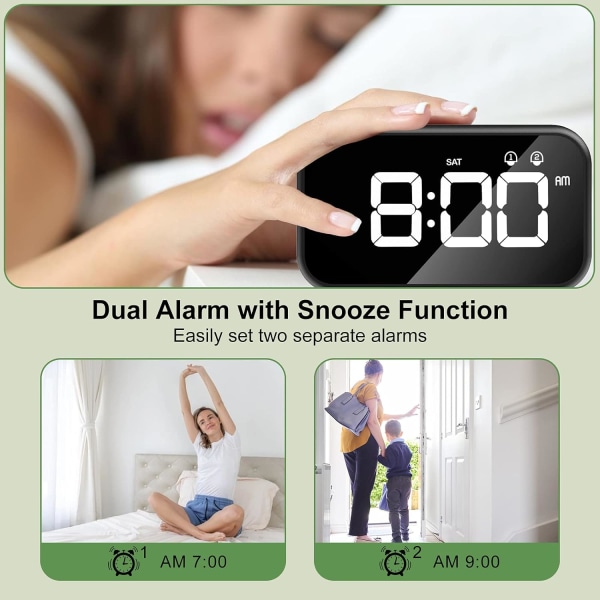 LED Digital Väckarklocka med Snooze-funktion, 2 Alarm, 12/24H