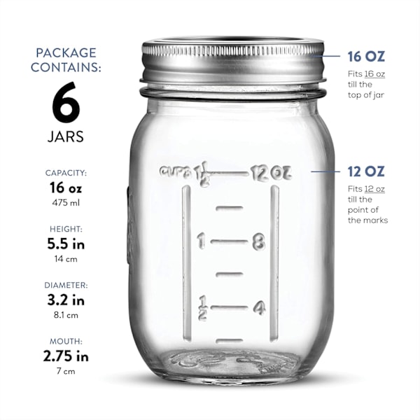 16 oz - 6-pack Glasburkar med Vanlig Öppning, Lock & Tätningsband - Lufttäta Behållare för Inläggning, Konservering, Ljus,