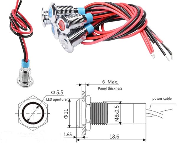 6 stk. 12V-24V 8mm LED Pilot Panel Instrumentbræt Advarselslys Lampe