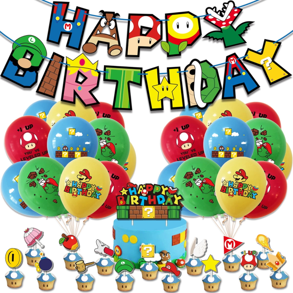 Ny tårta för födelsedagsfest med Mario-tema dekoration med brevdragflagga