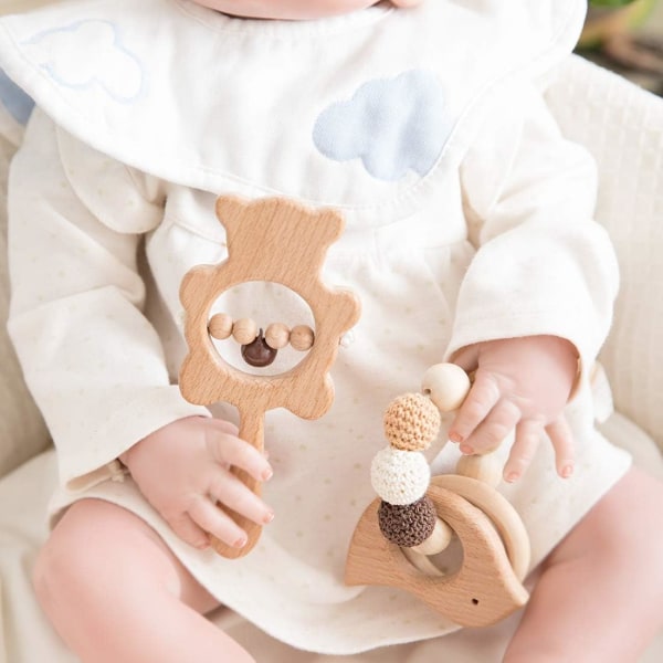 2-pack Montessori Style Baby Natural Wood Baby Rattle tänder