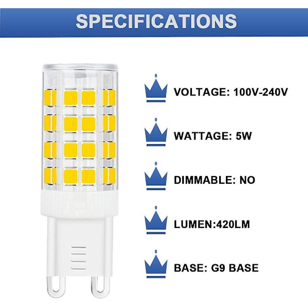 2 stk G9 LED-pære 5W, 40W G9 halogenpæreerstatning, 420LM, varm