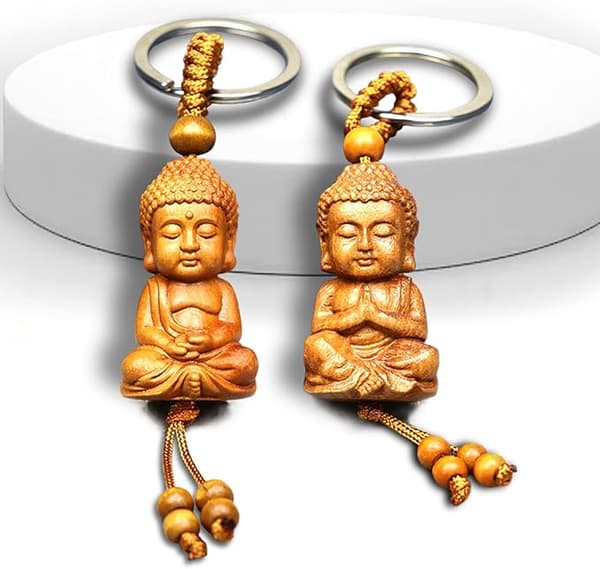 2-pack Trä Buddha Nyckelring Buddism Nyckelring Mini Lycka