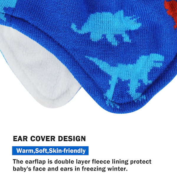1 Dinosaur barnehørevarmere barnehue med pompom elastisk beanie ullfôr