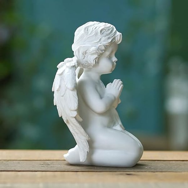 1 lille engelstatue knælende engel harpiks have skulptur