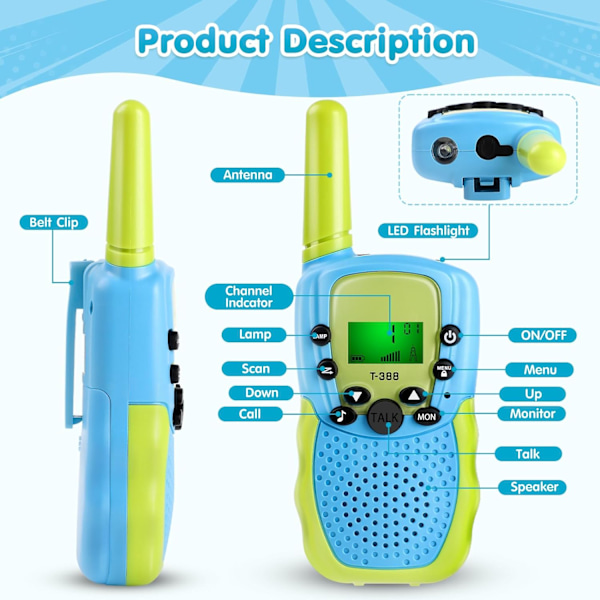Walkie-talkie lapsille, leluja 3-12-vuotiaille pojille ja tytöille, joissa on taustavalaistu LCD-taskulamppu, 2 pakkausta