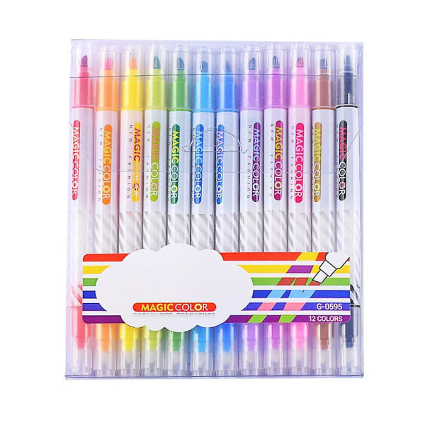 Pakke med 12 luktfrie meiselspiss whiteboardmarkører, dobbeltsidige highlightere med magisk fargeskiftende DIY-malingspenner, assorterte farger