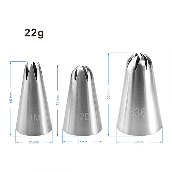 3 stykker rustfritt stål sprøytetips for kakedekorering