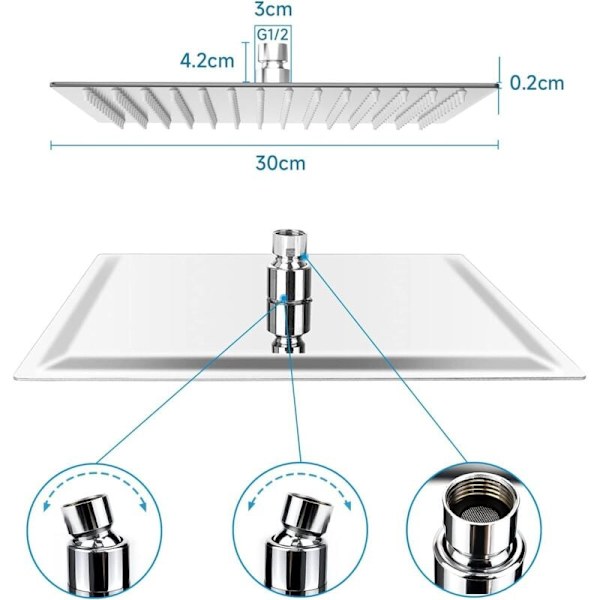 Antikalk dusjhode, vannsparende regndusjhode med rustfritt stål dyse 12 tommer/30 cm polert krom finish (speil), firkantet