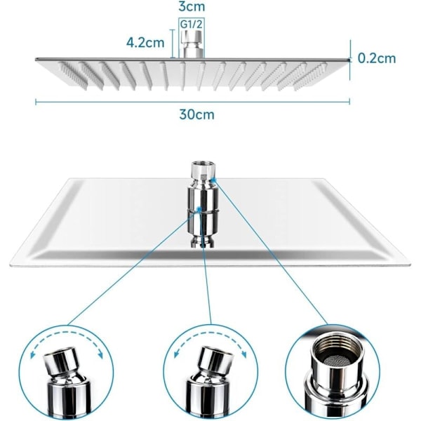 Kalkinesto suihkupää, Veden säästöä suihkupää ruostumattomasta teräksestä suutin 12 tuumaa/30cm kiillotettu kromi viimeistely (peili), neliö