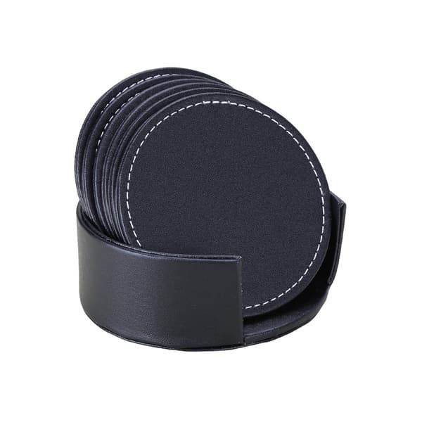 Sæt af kunstig læder-underkopper (6 underkopper + 1 holder), sort, runde