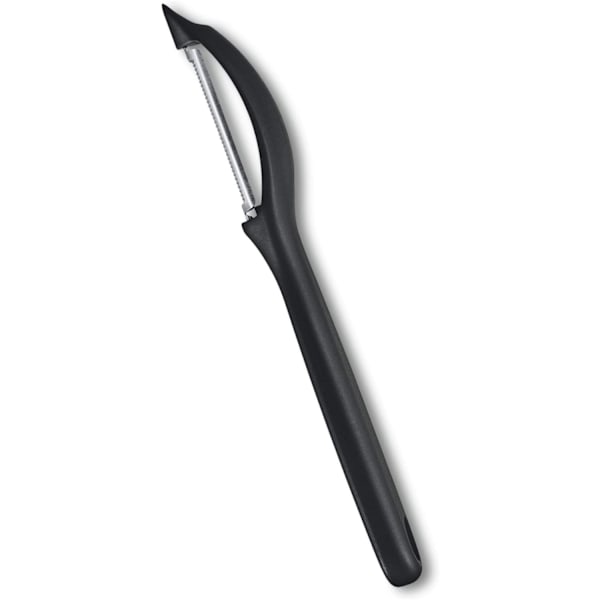 Universal skræller, til frugt og grøntsager, ekstra skarp, savtakket, dobbelt skarp, ergonomisk håndtag, sort