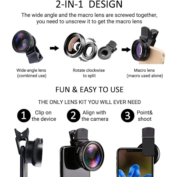 Mobilkameraobjektiv 2 i 1 Clip-on-linskit 37mm 0.45X 49UV Supervidvinkel & Makro Telefonkameraobjektiv för iPhone