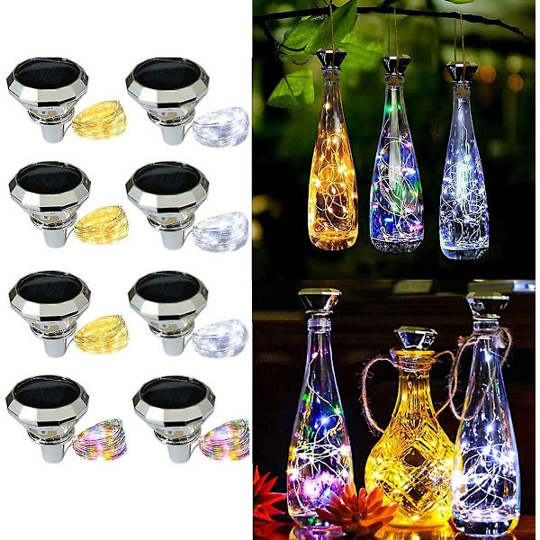 Solcellslampor för utomhusbruk, vattentäta, färgglada - 8-pack vinflaske nattljus juldekorationer present LED Lifemet diamantformad vinkorksträng