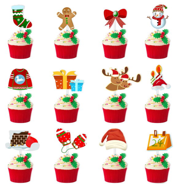 Tema Cake Toppers 12 st juldekoration kaka cupcake