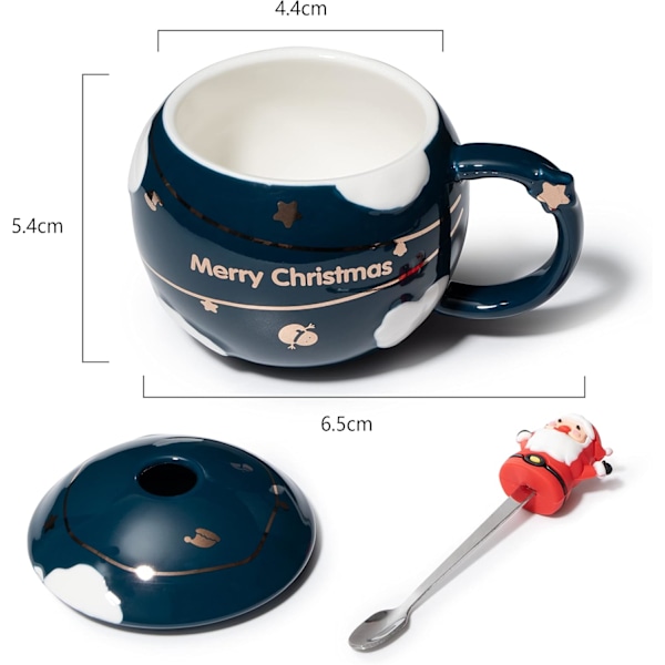 Julmuggar för barn med tomte, stor festlig glad sfärmugg - Tomtesked & lock - Blå - Keramik Mikrovågsugn & diskmaskin