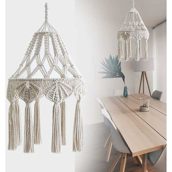 Bomuldsreb Makrame Lampskærm Hængende Loftlampe Kvast Stof Skygge Håndstrikket Lysekrone Betræk Dekoration til Stue Soveværelse - Beige