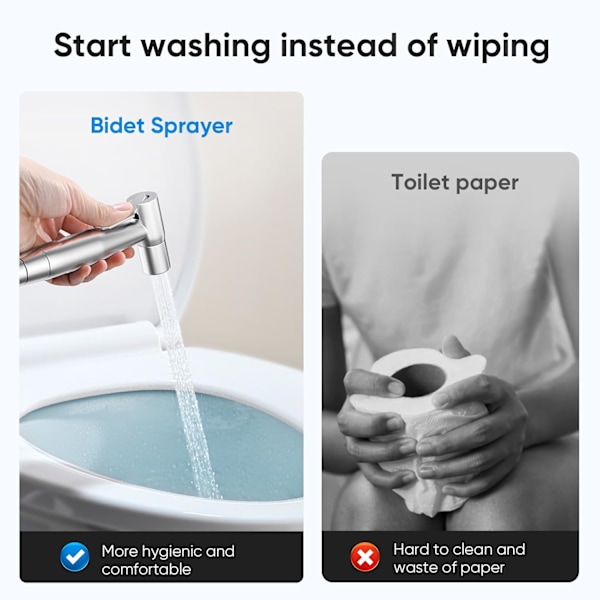 Handhållen Bidet-spray för Toalett - Justerbar Vattentryckskontroll med Bidet-slang för Feminin Tvät, Rostfritt Stål