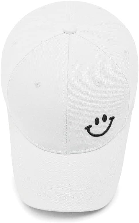 Hvit Baseball Caps for Menn og Kvinner i Bomull med Broderte Smiley-Ansikter