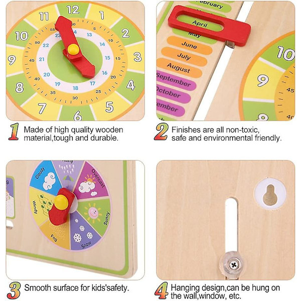 Pedagogisk väggklocka för barn, kognitiv kalender, tidig lärande leksak för tid, datum, säsong, pedagogisk leksak