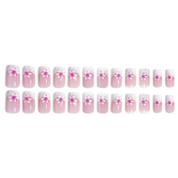 24 st French Tip Press-on Naglar Korta Kvadratiska Falska Naglar Rosa Blomma Full Cover Spets Limma på Naglar Design Nagelkonst Su