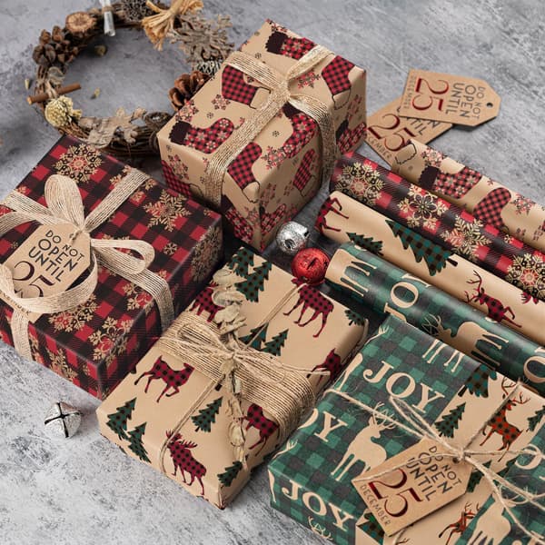 Julklappspapper, Kraftpapper - Röda och gröna rutiga mönster - Christmas Elements Collection - 4 rullar - 76 cm x 305 cm per rulle