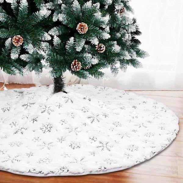 Julklappsskjort 48 tum - Stor Vit Julklappsskjort Fuskpäls Julgransskjortar med Silverpaljetter Snöflingor, Chri