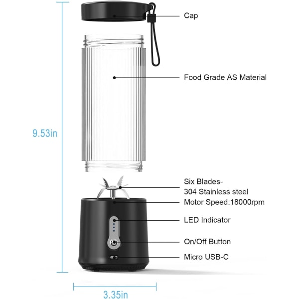 1 kpl (Musta) Kannettava Blenderi - 6 Terää USB-Latautuva Blenderi